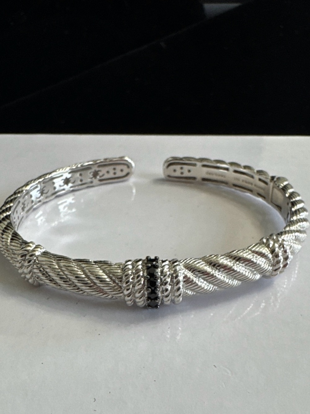 Judith Ripka 925 Silver Textured Rope Cuff Bracelet w/Black Diamonique Center